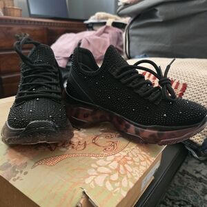 Very J Black Rhinestone Knit Platform Lace-Up Sneakers with Tortoiseshell Sole